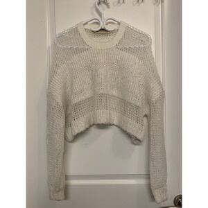 Kimchi Blue Cropped Sweater Medium Crochet Open Knit White Fuzzy Oversized